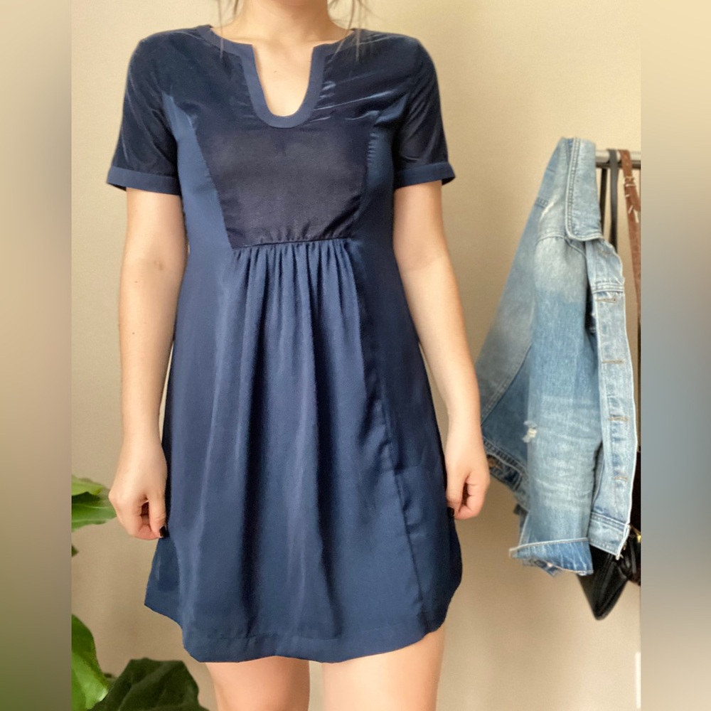 Elegant Navy Blue Satin and Velvet Dress